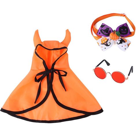 Costume d'Halloween pour animaux de compagnie, ensemble 3 pièces : cape orange ajustable avec cornes mignonnes (1/4)