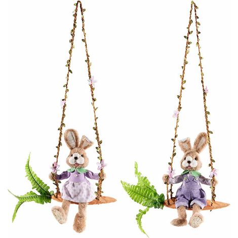 Lapins de Pâques en fausse fourrure sur balançoire carotte à suspendre, idéals pour vitrines, lot de 4, 30 x 15 x H. 22 cm (oreilles dépliées)