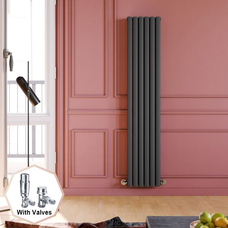 ELEGANT 1800 x 360 mm Anthracite Vertical Column Radiator Double Oval Panel Designer Bathroom Radiator + Chrome Thermostatic Radiator Valves (1/5)