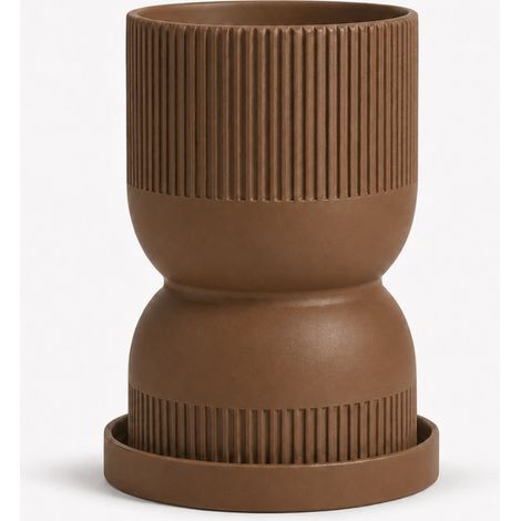 Vaso da fiori marrone a forma di clessidra con sottovaso moderno.