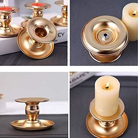 Bougeoir - Fer Métallique - Finition Laiton - Pour Bougie Conique - Hauteur 6 cm - Diamètre 10 cm - Lot de 2 (1/4)