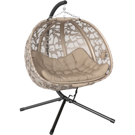 Fauteuil suspendu 2 places, panier de siège pliable, grand coussin d'assise, couleur sable, 130 x 103 x 172 cm (1/5)