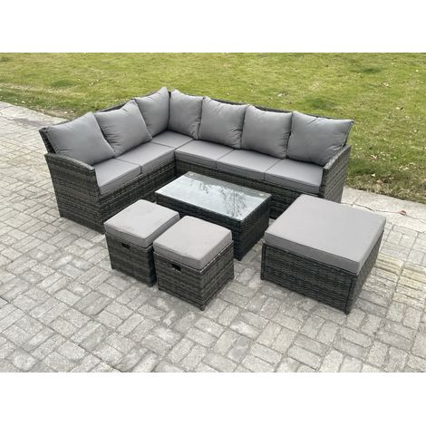Fimous 9 Seater Rattan Lounge Corner Sofa Set Wicker PE Outdoor Garden Furniture Set with Coffee Table 3 Footstools Dark Grey Mixed