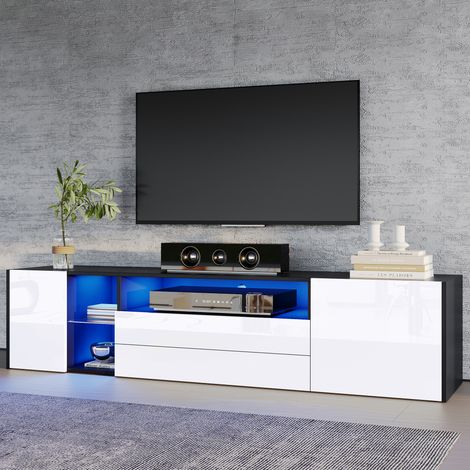 Meuble TV noir et blanc, 180x40x45 cm, avec éclairage LED brillant, support pour écran jusqu'à 75 pouces, 2 tiroirs et 2 placards, meuble bas design