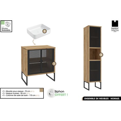 Ensemble complet de salle de bain - Meuble - Colonne - Vasque avec Siphon OFFERT NOMAD OAK 70 x 80 x 43 cm (1/5)