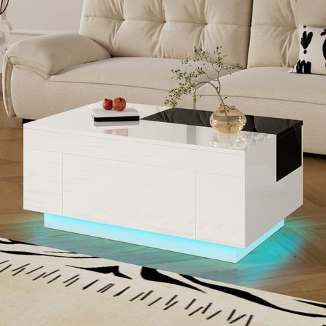 Mesa baja 80x50x35,5 cm negra y blanca con LED y almacenamiento, MDF brillante MEUBLIV (1/5)