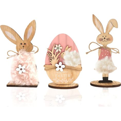 3 Pièces Décorations Lapin, Bois, Base Amovible, Intérieur et Véranda, Jardin et Maison