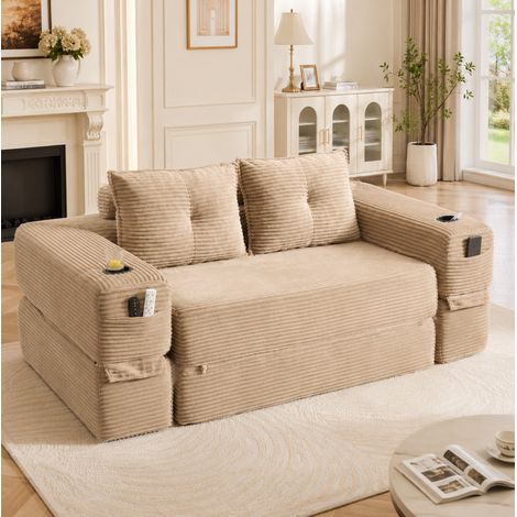 Sofá cama plegable (180x98x80 cm), con reposabrazos desmontables, bolsillo lateral y portavasos, tejido de cordón caqui (1/5)