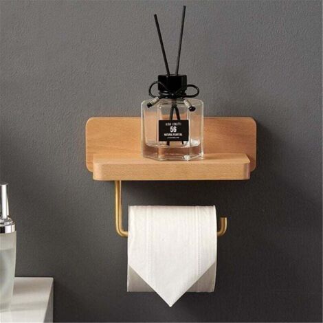 (10x20 CM)Porte Papier Toilette Double Installation Bois Massif Hêtre Dérouleur Support Papier WC Mural Auto-adhésif Coins Arrondis Porte Rouleau Décor Salle de Bain(Hêtre,3.93'' x 7.87'' )