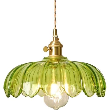 Lustre en verre vintage vert fleur - Suspension pour îlot cuisine - Luminaire design chambre, salon, hôtel - Pendentif décoratif E27 (sans ampoule)