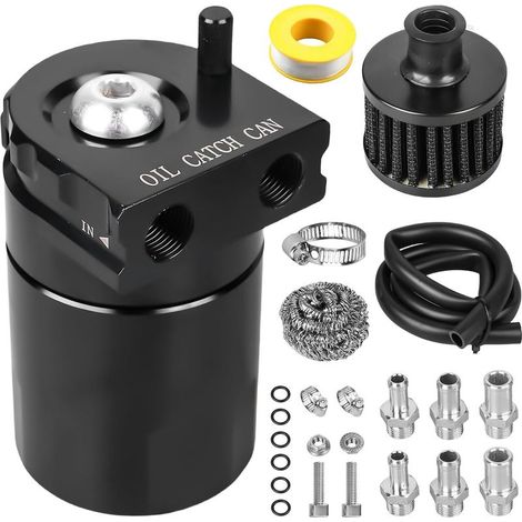 Oil Catch Can Universal 300 ml (noir) – Réservoir séparateur d'huile avec filtre à air et accessoires, réservoir de récupération d'huile en aluminium pour voiture/moto (1/5)