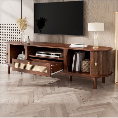 Meuble TV en MDF noyer avec portes coulissantes 165 cm HAVRYA (1/5)