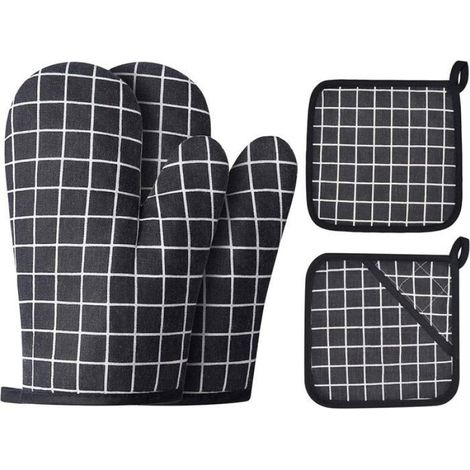 Gants de cuisine et gants de barbecue en coton - Pour cuisiner, pâtisser et griller (ensemble de 4 pièces, noirs) (1/4)