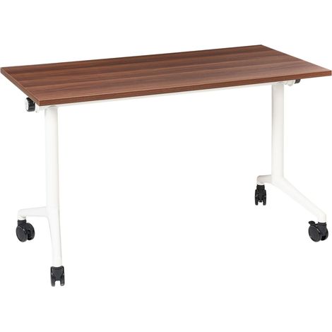 Scrivania rettangolare pieghevole con rotelle portatile con struttura in metallo marrone e bianco 120 x 60 cm Cavi
