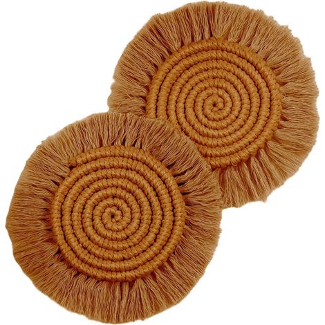 Ensemble de 2 sous-verres de style bohème, absorbants et tressés, idéaux pour les tables basses, la décoration rustique et les porte-tasses et porte-mugs en macramé. (1/5)