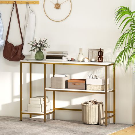Konsolentisch, 120 cm, 3 Ebenen mit Ablagefächern, Tischplatte in Marmoroptik, weiß und gold