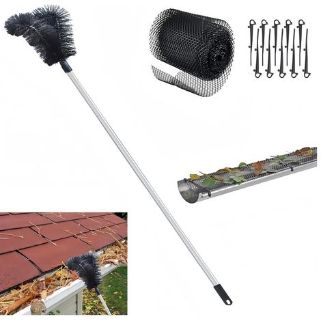 Ensemble d'outils de nettoyage de gouttière – avec brosse et protection en plastique, manche extensible de 2,38 m, brosse pour gouttière (1/5)