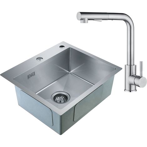 CECIPA 2 en 1 Évier 1 Bac Inox 50 x 45 x 18,5 cm + Robinet de Cuisine Inox Extractible (Sans distributeur de savon) (1/5)