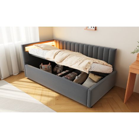Cama baúl 90x200 cm – Cama infantil con iluminación LED – En terciopelo gris – Sin colchón (1/5)