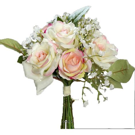 Bouquet de Roses et Gypsophile artificielles 7 tetes Hauteur 24 cm Rose-crème - couleur: Rose-crème