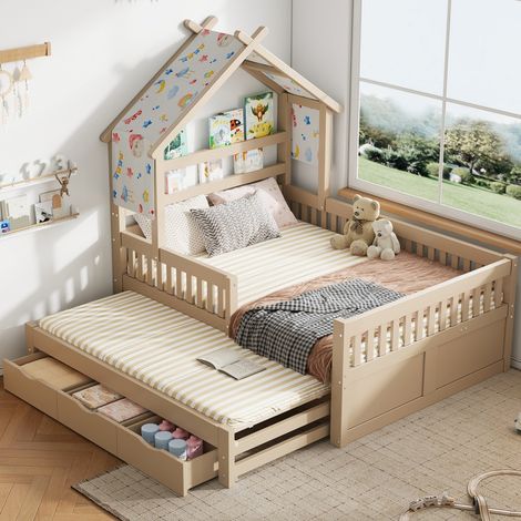 Lit cabane enfants en bois 140 x 200 cm avec lit gigogne 90 x 190 cm,3 tiroirs et grilles de sécurité,cadre de lit enfant avec sommier à lattes,Crème (1/5)