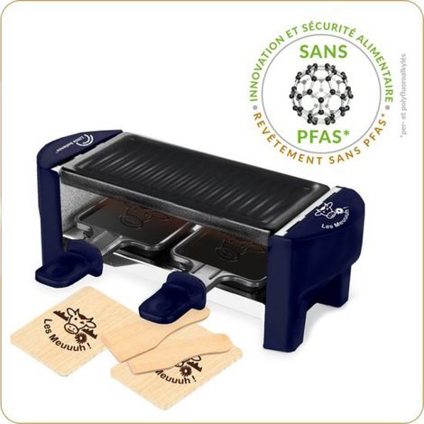 8616 - Kit Raclette et Gourmet - pour 2 personnes - comprenant 2 poêles, 2 spatules et planches - Sans PFAS - 320 W - bleu foncé