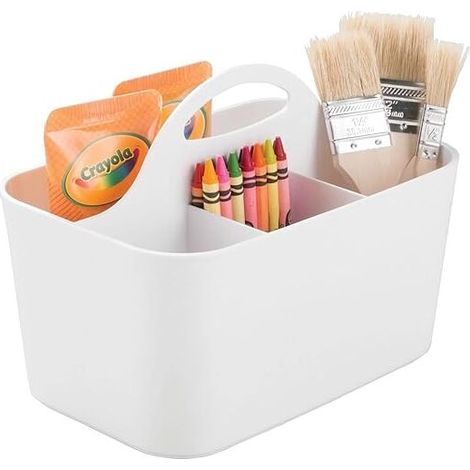 ideale Aufbewahrungsbox für Büromaterial – Stifteköcher aus Kunststoff mit 4 Fächern – weiße Büroaufbewahrung, transportabel dank Tragegriffen