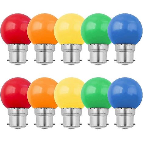 Lot de 10 ampoules LED B22 1W couleur, ampoules à baïonnette multicolores, équivalent 10W incandescent, mini-ampoule globe G45, rouge vert bleu orange jaune, pour mariages (1/5)