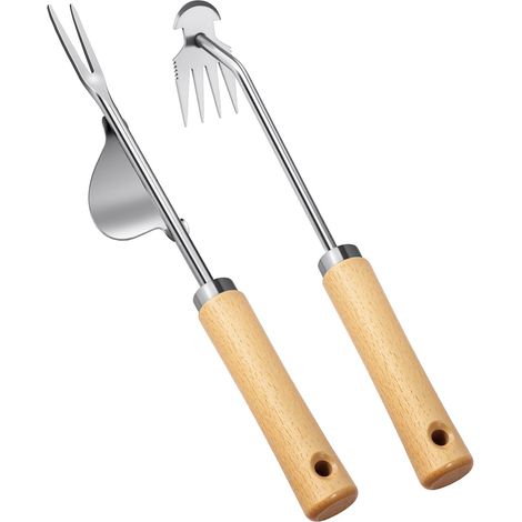 2 PCS Outil Désherbage - Acier Inoxydable - Poignée Bois - Extraction Racines Mauvaises Herbes - Jardinage Ferme - Multidusage - Naturel - 32,5cm