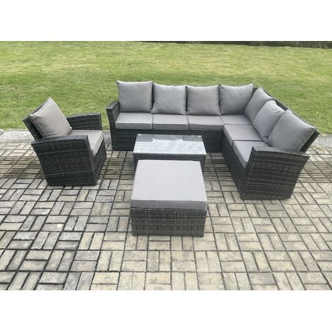 Fimous 8 Seater High Back Outdoor Garden Furniture Set Rattan Corner Sofa Set With Rectangular Coffee Table Big Footstool Armchair Dark Grey Mixed (1/5)