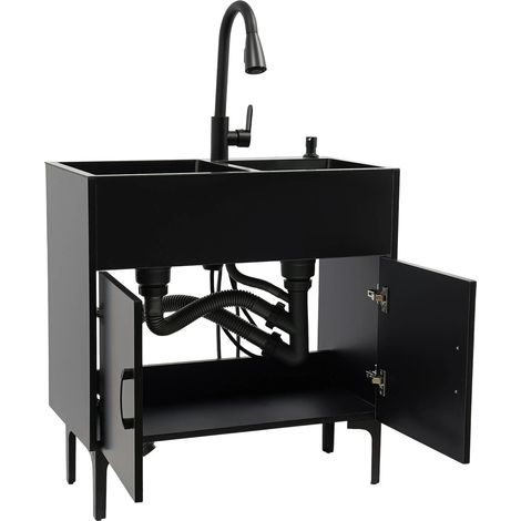 30-Zoll-Edelstahl-Waschbecken mit Unterschrank und Auszieh-Armatur — Doppelbecken-Funktionsspüle mit Schrank für Waschküche, Küche, Badezimmer oder Keller (Platzsparendes Design)