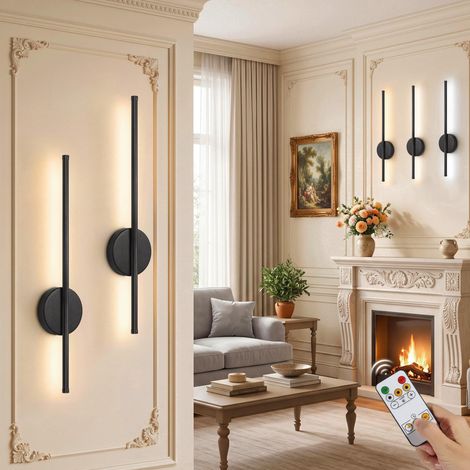 Lot de 2 Applique Murale Intérieure, Lampe Murale Sans Fil Noir Moderne Luminaire Mural Rechargeable avec Télécommande, 3 Températures de Couleur & Dimmable, Minuterie, pour Chambre, Salon (1/5)