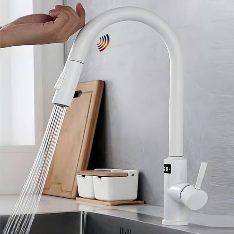 White Touch Kitchen Faucet in Ultra-Resistant Stainless Steel - Innovative Digital Display - Dual Water Mode (1/4)