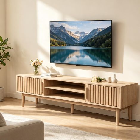 Mobile porta TV da 150 cm – Mobile porta TV in stile nordico – Mobile basso per soggiorno – Unità contenitore ariosa – Doppio vano contenitore – Legno chiaro (1/5)