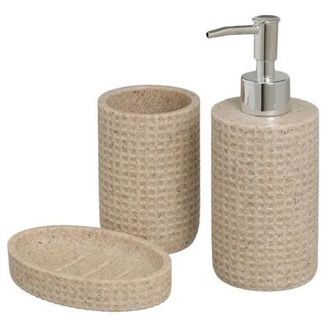 Accessoires salle de bain - JUANIO - Set 3 pièces - Polyrésine - Beige - Distributeur/Porte-savon/Gobelet (1/3)