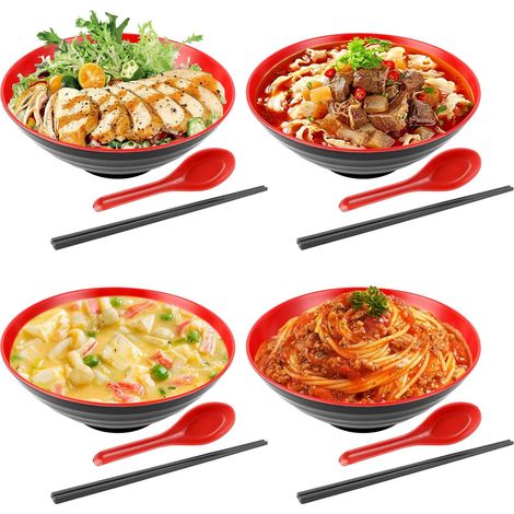 Lot de 4 bols à ramen avec cuillère et baguettes, 1000 ml, lot de bols à ramen, nouilles Udon, nouilles chinoises, ramen (rouge) (1/5)