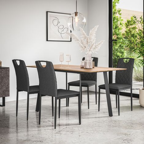 Haydon Extending Dining Table And Chairs -  Oak Effect Table Top w Black Legs + Monza Linen Dining Chair Set Of 4 (Charcoal) (1/5)