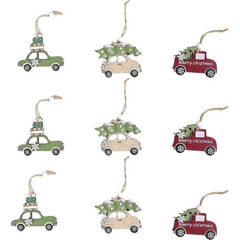 Plaque décorative en bois à suspendre, motif Noël 9 en 1, pour sapin de Noël ou voiture.-6.6X8X1cm