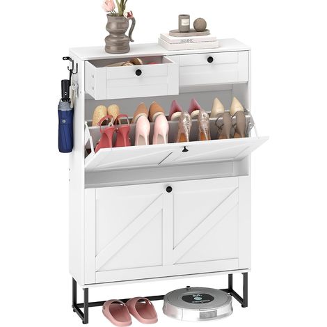 Meuble à Chaussures Étroit 4 Abattants 2 Tiroirs Séparateur Réglable, Grande Capacité 10-16 Paires Rangement Chaussures pour Entrée Couloir Métal Bois Blanc (1/5)