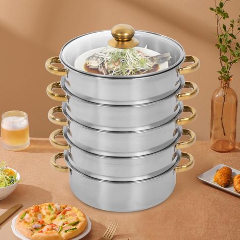 5 Schichten Edelstahldampftopf, groß kapazitätsstapelbarer Dampftopf, geeignet für Gasofen, Induktionsöfen, Keramik-Elektroofen, Dampfreis, Gemüse, Wasser Mais (1/5)