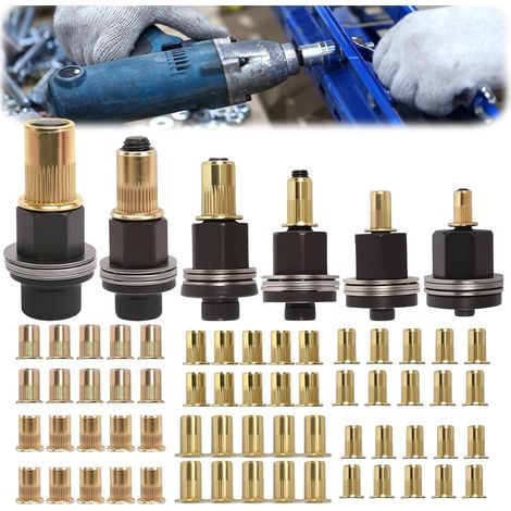 6pcs Hand Rivet Head Nuts, Pneumatic Riveter Chuck Kit with 60 Threaded Insert, Manual Riveter Adapter for M3 M4 M5 M6 M8 M10 Rivets (1/5)