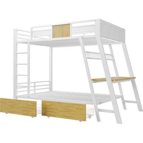 Lit mezzanine metálico 90x200 cm con escritorio gaming integrado, USB-C, LED, blanco (1/5)