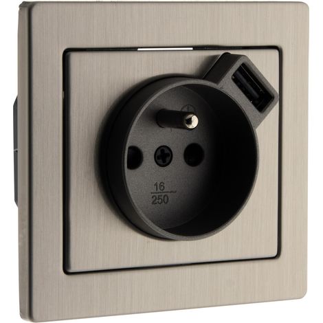 Zenitech – Prise encastrable 2P+T avec chargeur USB 2,4A – Bornes automatiques pour câblage rapide – Plaque réglable pour irrégularités murales