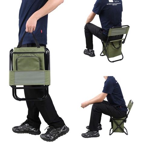 Silla de pescador plegable con bolsa térmica, Silla de camping compacta, Silla de pescador, Asiento cómodo para pesca, camping y picnic, Verde (1/5)