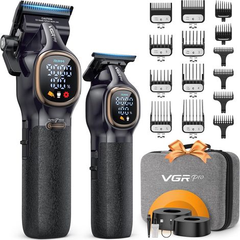 Professional Men's Hair Clipper, 9000RPM Hairdressing Kit, Wireless Hair clipper and finishing clipper set, 14 screen guide combs, charging base, 4h autonomy, non-slip handles (1/5)