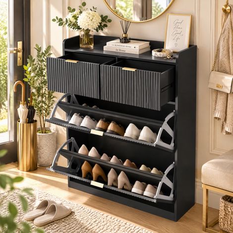 Meuble à chaussures 80 x 24 x 110 cm avec 2 tiroirs, Façades à rayures verticales, Poignées et pieds dorés, Style scandinave, Noir (1/5)