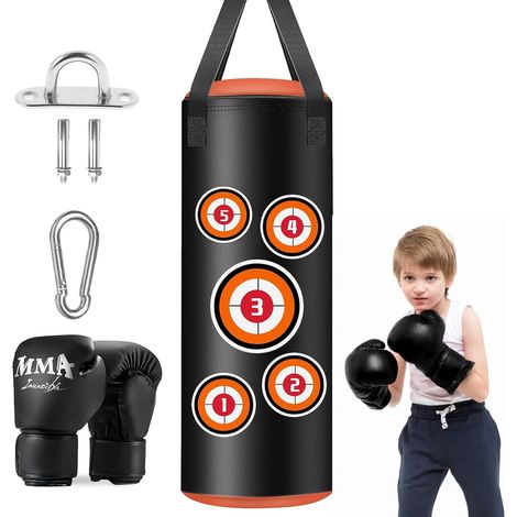 Hanging Punch Bag Set for Children, Junior 60 cm Unfilled Hanging Set with Gloves, Chains and Mounting Hooks, Punch Bag Made of Microfibre Leather for Kickboxing Training and Fitness, Boys Girls Gift (1/5)