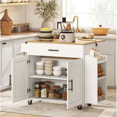 MEUBLIV Isla de cocina 120x68x85 cm blanca con encimera abatible, ruedas y freno (1/5)