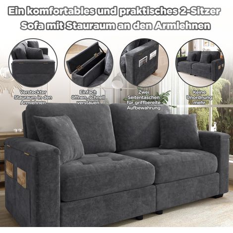 Canapé 2 places moderne 180cm gris anthracite, tissu velours côtelé doux, rangement intégré dans l'accoudoir, 2 coussins confortables, mousse haute densité pour un confort optimal au salon. (1/5)