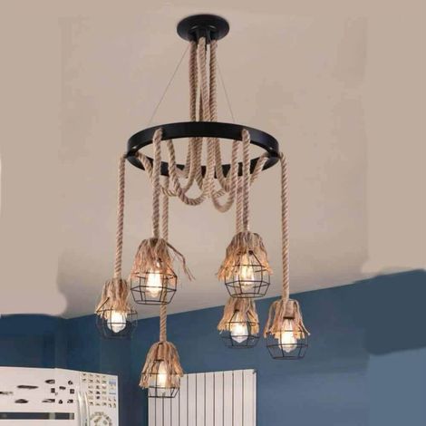 TrAdE Shop Traesio - Lampadario Sospensione Con Corde Canapa Cerchio Metallo Vintage Attacco E27 A90-6 - (1/3)